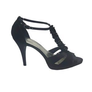 Style & Co Black Ruffled Beaded Ankle Strap High Heel Sandals Shoes Pumps Size 9